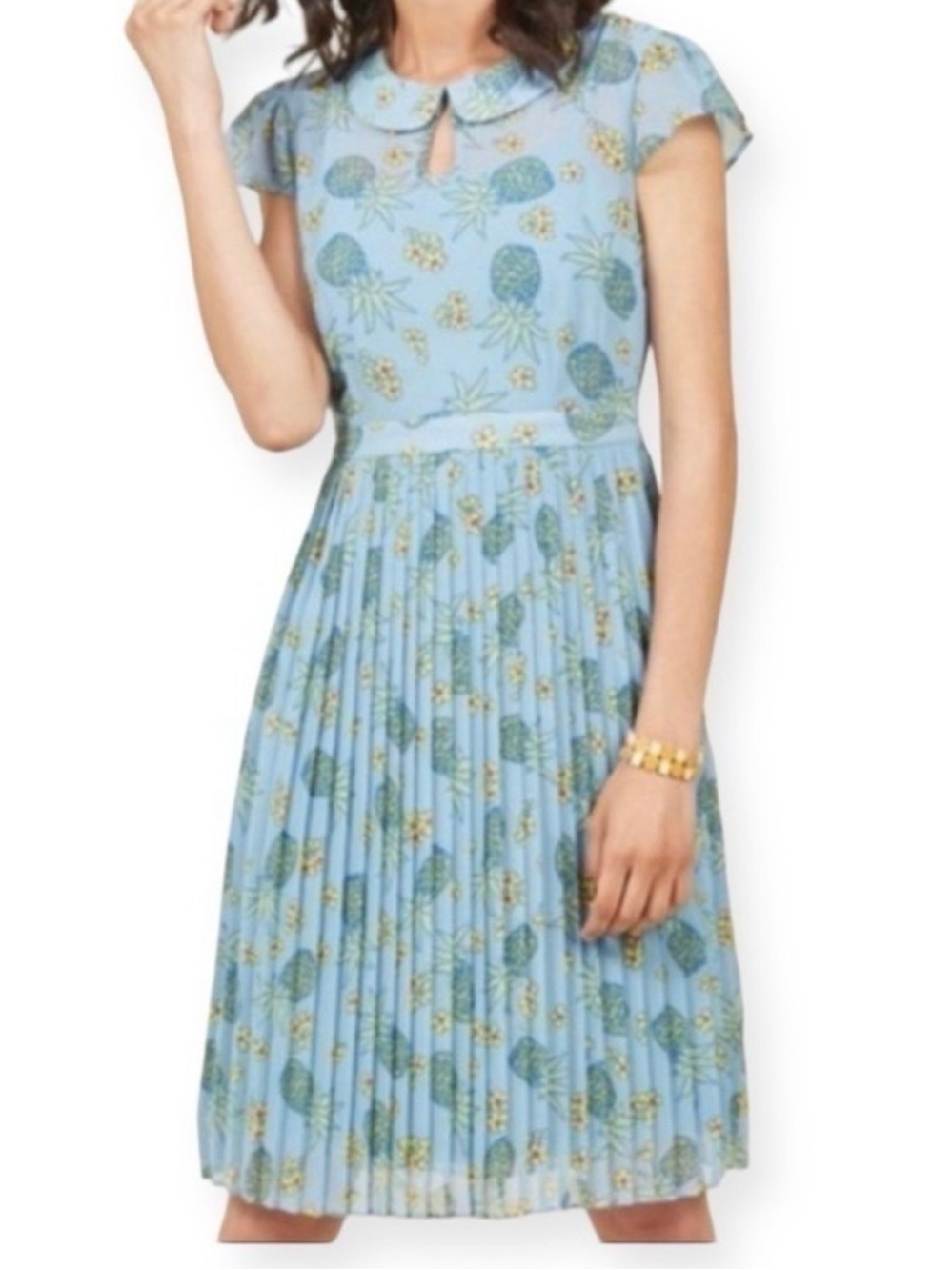 ModCloth Expansive Interest Pineapple Pleated Blue Dress 10